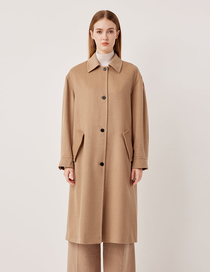 MARYLING Notched Collar Mid-Length Camel Hair Silk Blend Coat