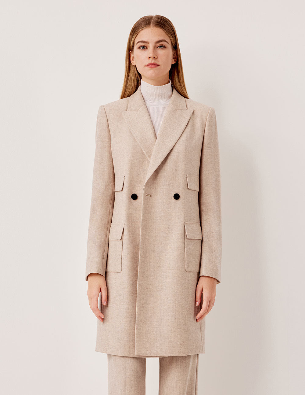 MARYLING Peaked Lapel Vintage Double-Breasted Beige Long Wool Coat