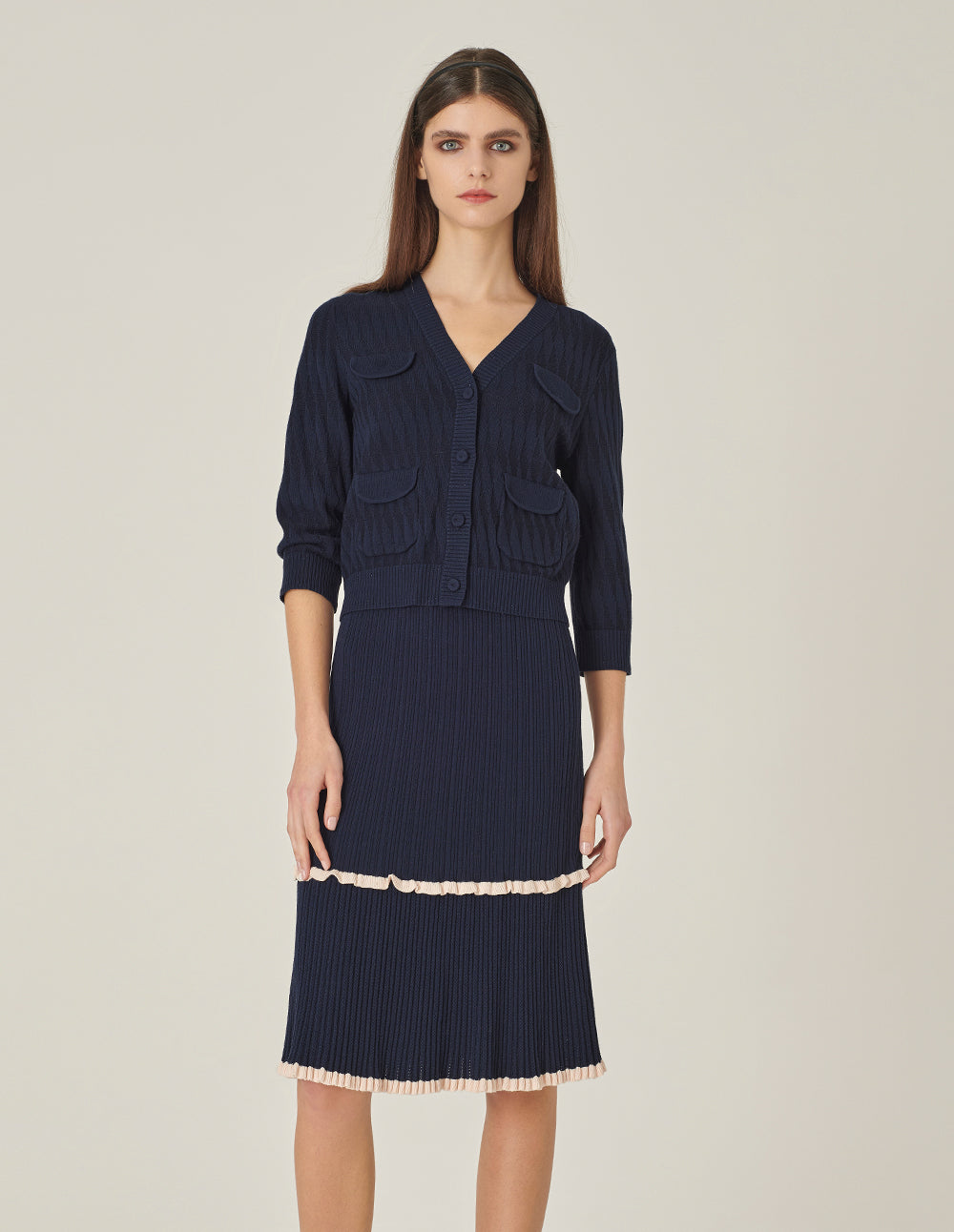 MARYLING Dark Blue V-Neck Two-Color Knitted Cardigan