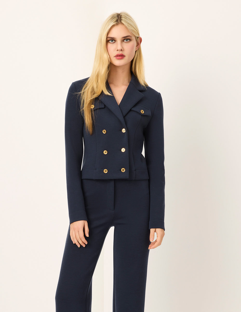 MARYLING Peaked Lapel Double-Breasted Navy Knit Short Jacket