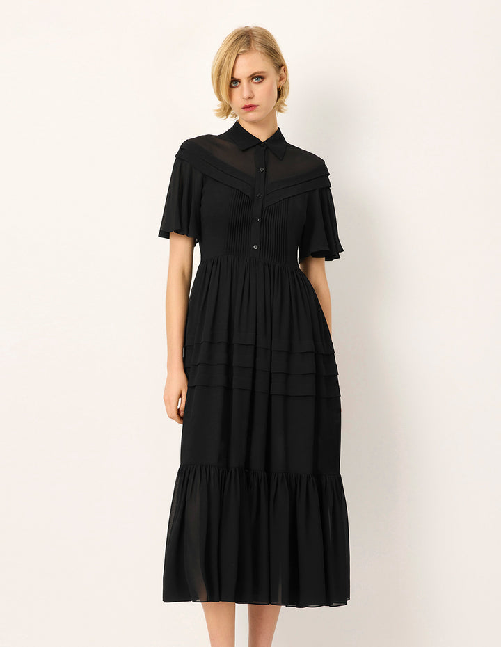 MARYLING Lapel Sheer Overlay Ruffled Short-Sleeve Pin-Tuck Empire-Waist Pleated Midi Dress