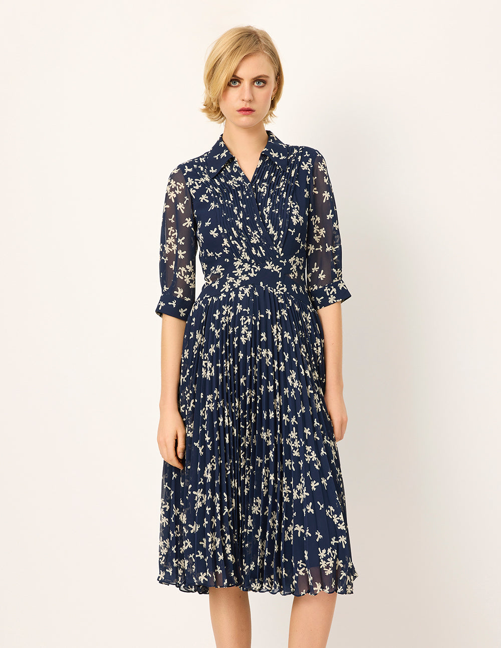 MARYLING Shirt Collar Short-Sleeve Empired-Waist Flora Printed Pleated Midi Dress