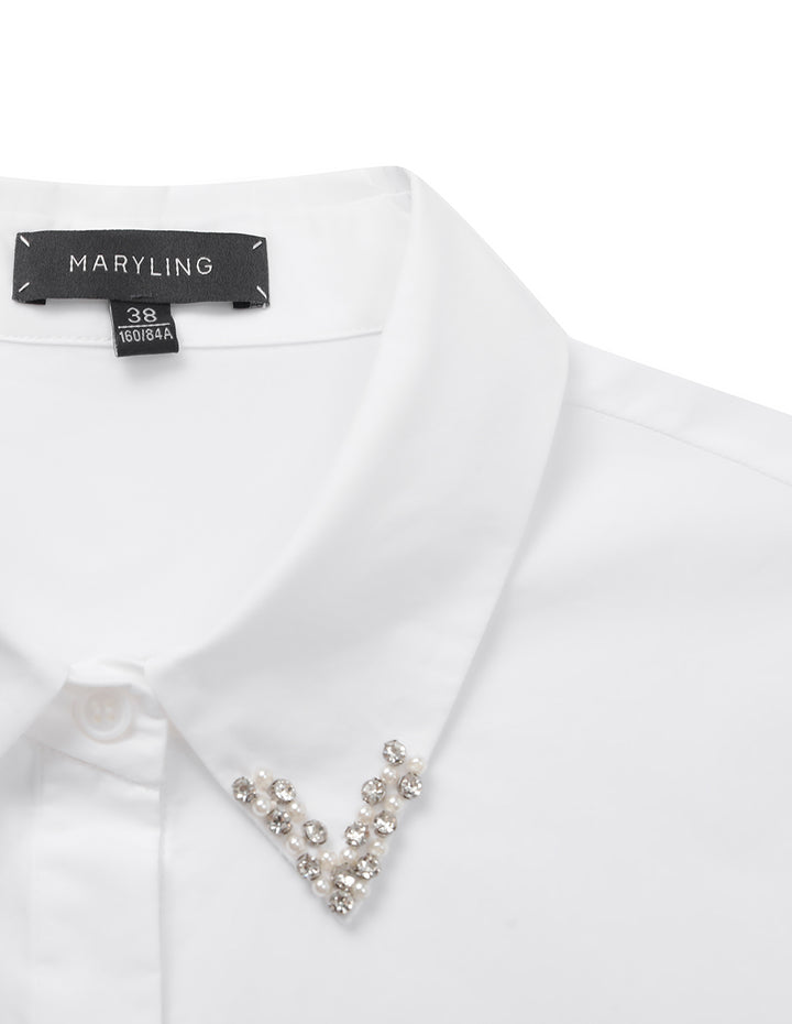 MARYLING Pearl Bead Collar Long Sleeve 100% Cotton White Blouse