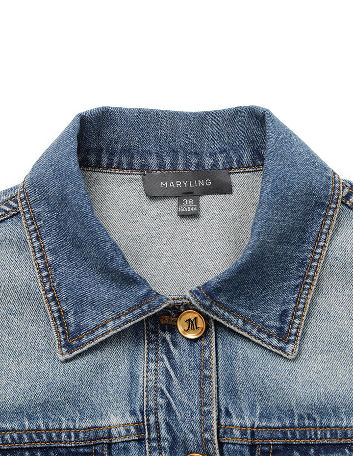 MARYLING Blue Denim Long-Sleeve Cropped Jacket