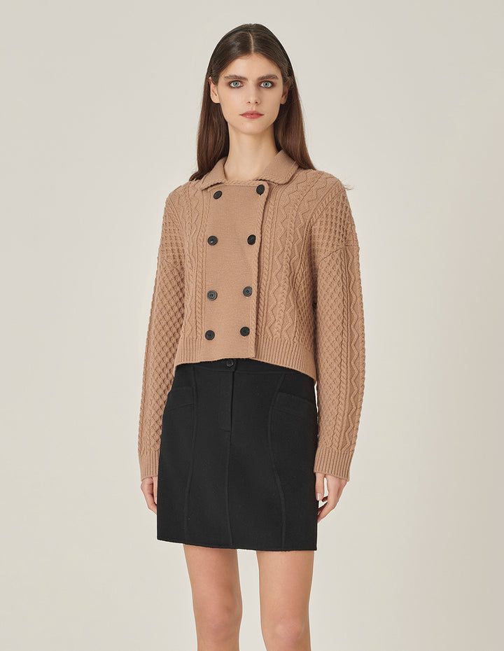 MARYLING Camel Lapel Double-Breasted Knitted Cardigan