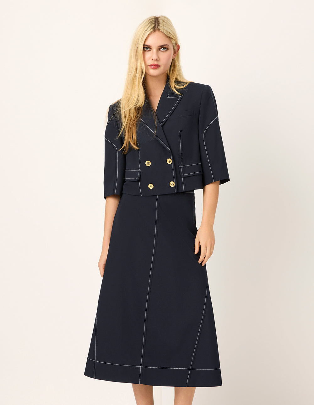 MARYLING Peaked Lapel Double-Breasted White Trim 3/4 Sleeve Jacket