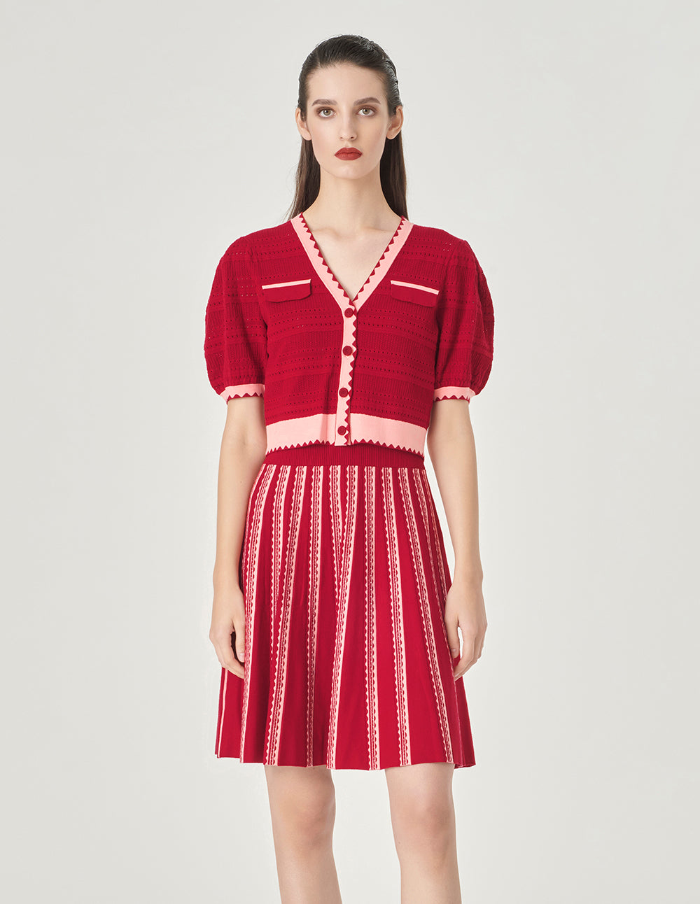 MARYLING Colour Block V-Neck Knitted Cardigan