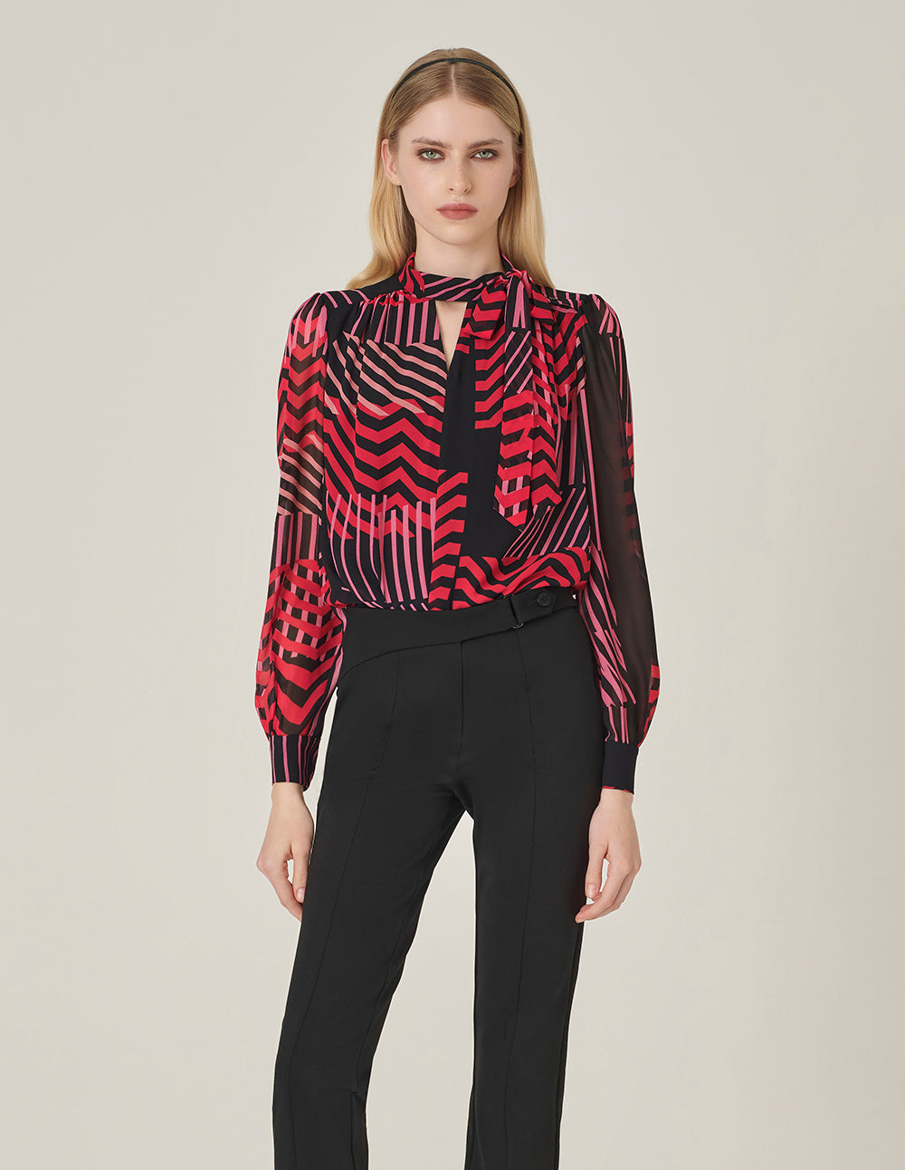 MARYLING Striped Long-Sleeve Tie-Neck Printed Top