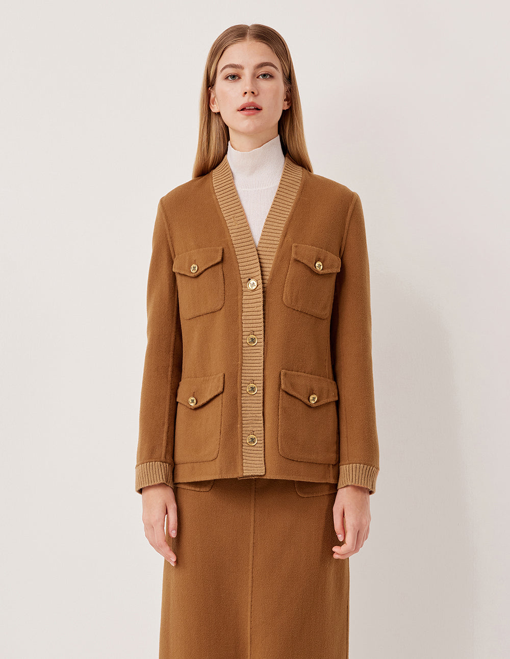 MARYLING V-Neck Long-Sleeve Multi-Pocket Short Wool Coat