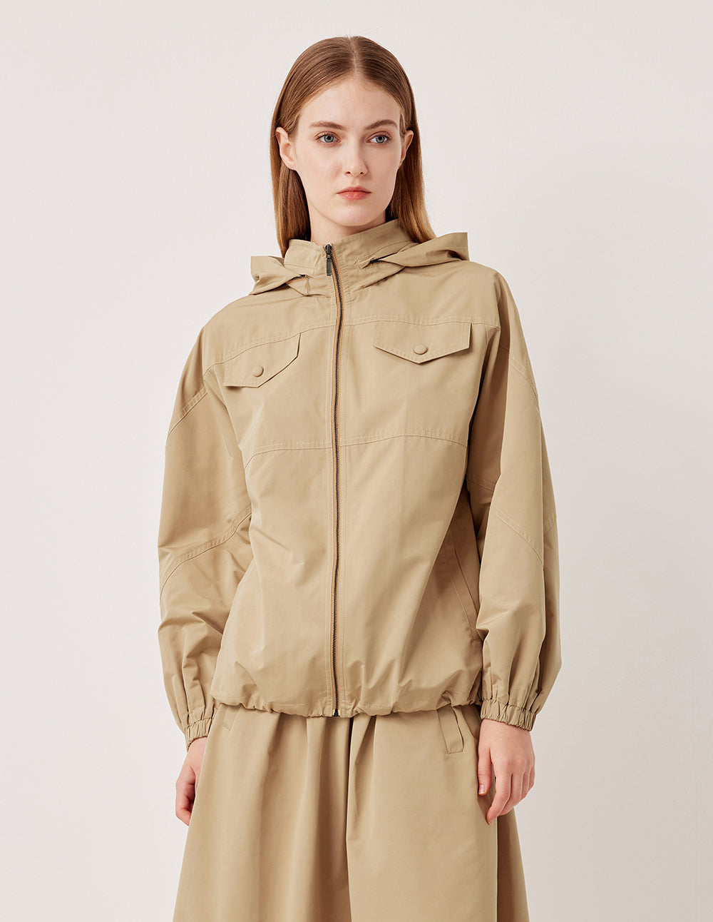 MARYLING Stand Collar Hooded Elastic Hem Cargo Jacket