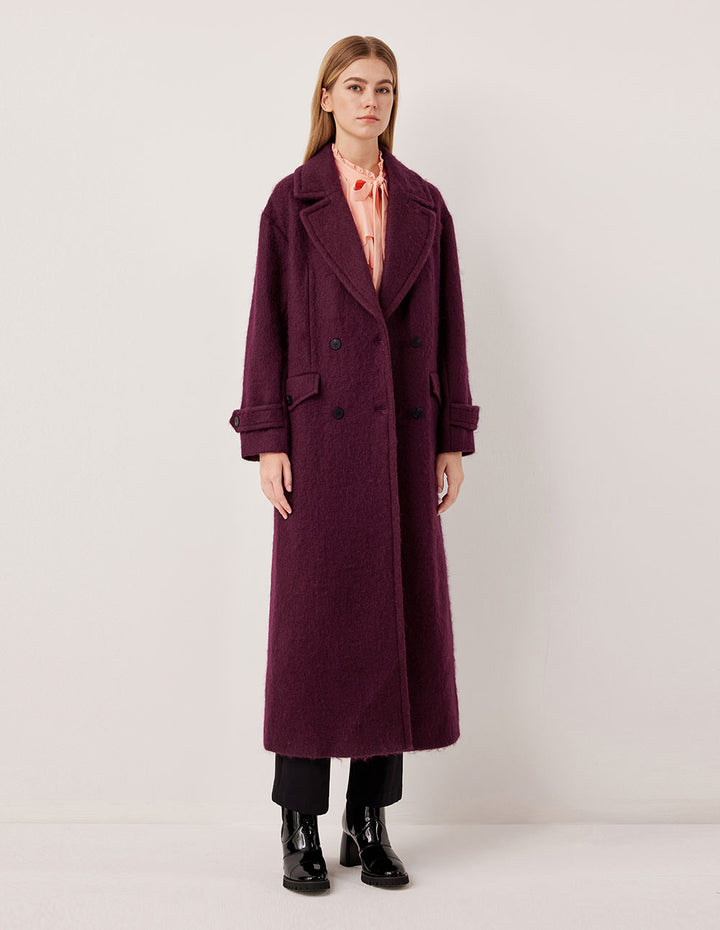 MARYLING Notched Collar Double-Breasted Angora Red Long Coat