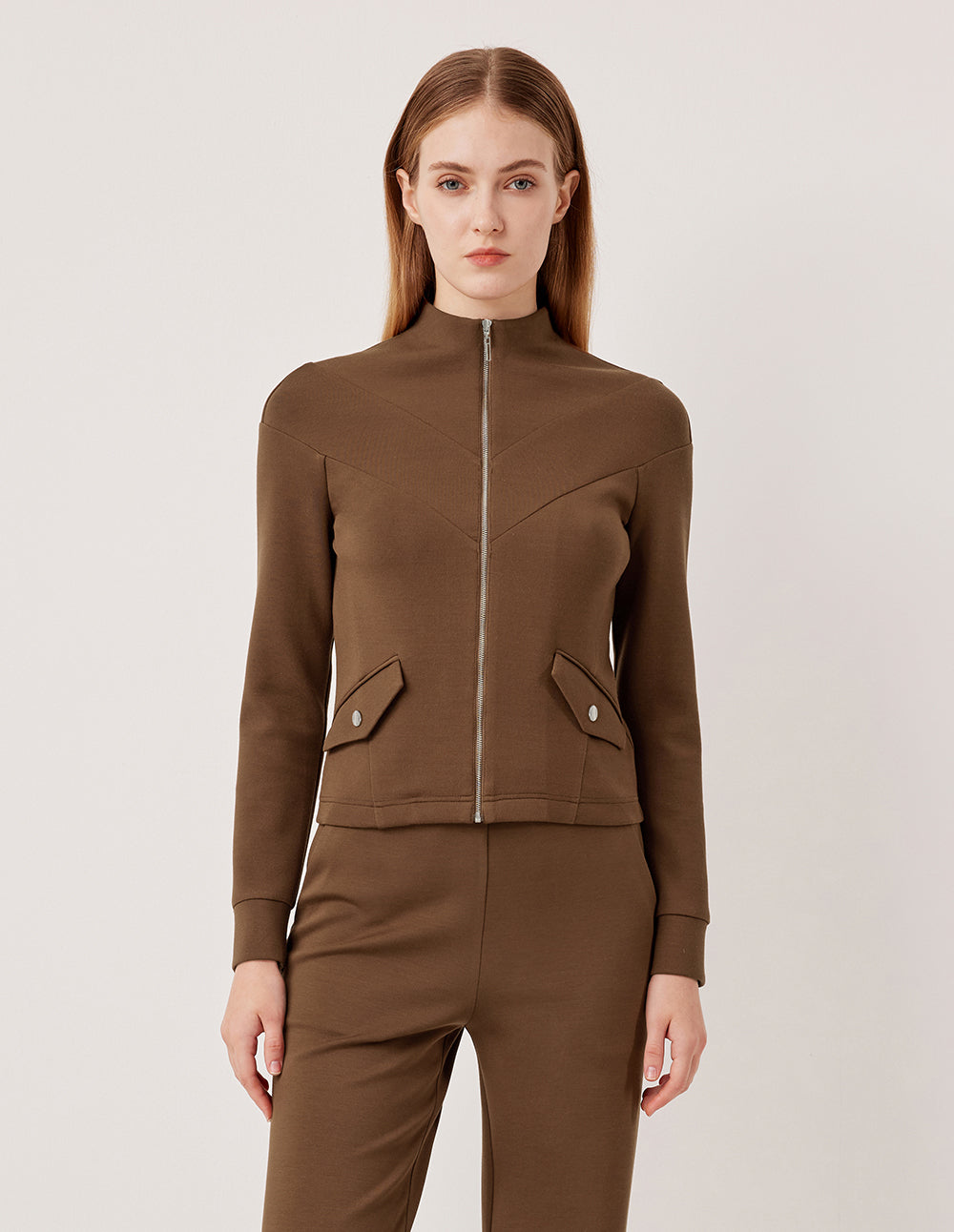 MARYLING Stand Collar Zip-Up Brown Jacket