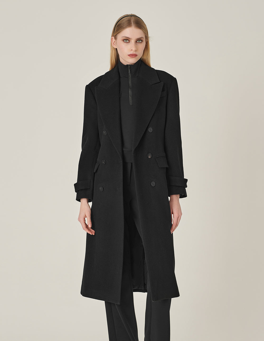 MARYLING Black Notched Lapel Wrap H-Shaped Belted Wool Coat