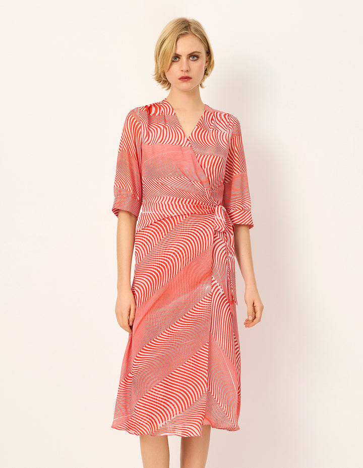 MARYLING V-Neck Half-Sleeve Striped-Print Midi Wrap Dress