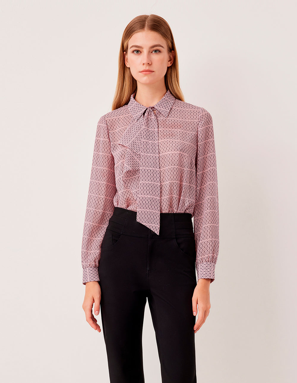 MARYLING Lapel Bow-Tie Long Sleeve Plaid Sheer Blouse