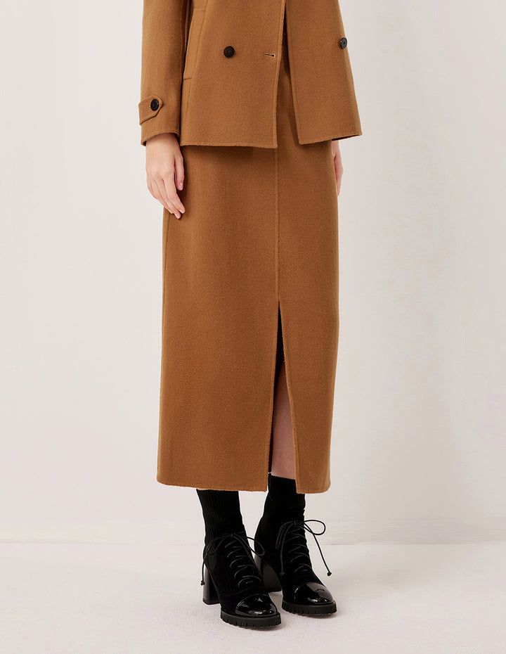 MARYLING Camel High-Waisted Straight Wool Skirt