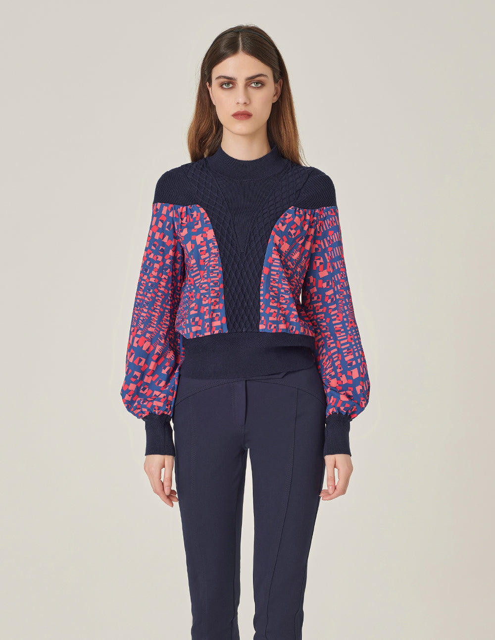 MARYLING V-Shaped Printed Patchwork Knitted Pullover