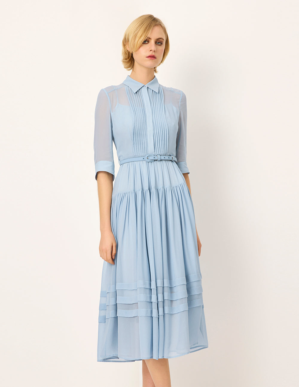 MARYLING Lapel Sheer Overlay Pin-Tuck Paneled Pleated Midi Shirt Dress