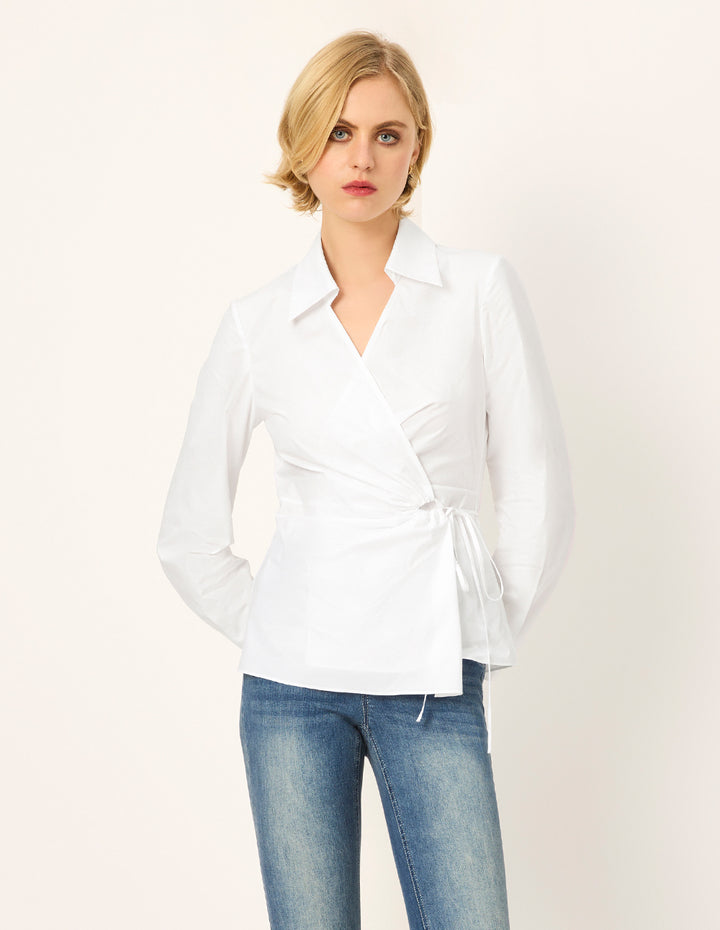 MARYLING V-Neck Long-Sleeve Asymmetric-Waist Wrap Blouse