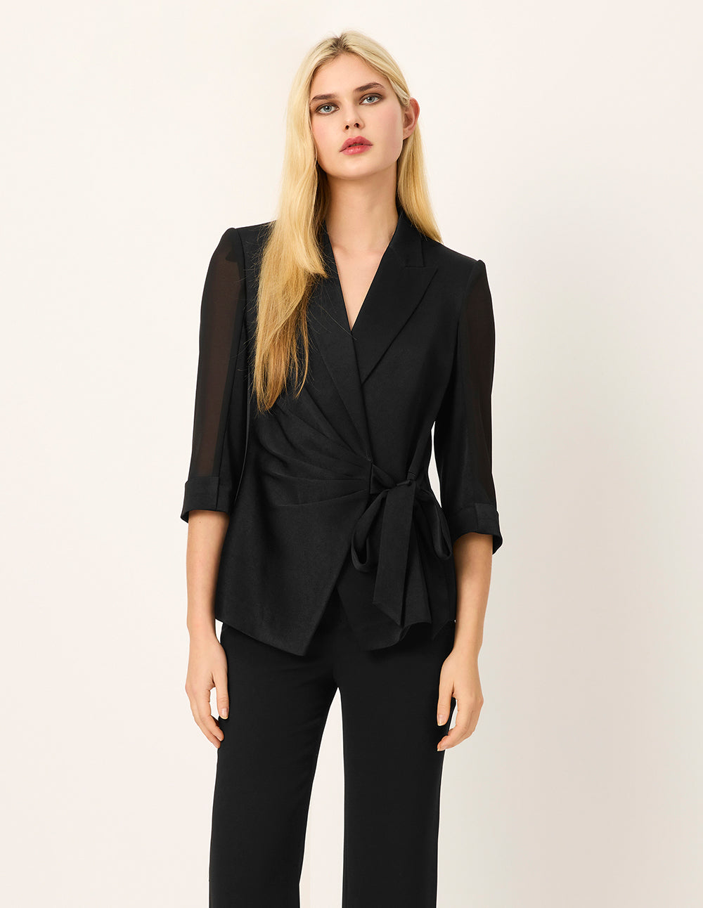 MARYLING Lapel Tie-Tie 3/4 Sleeves Patchwork Wrap Blazer