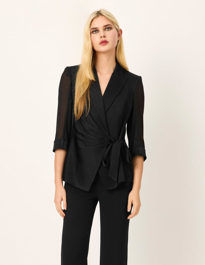 MARYLING Lapel Tie-Tie 3/4 Sleeves Patchwork Wrap Blazer