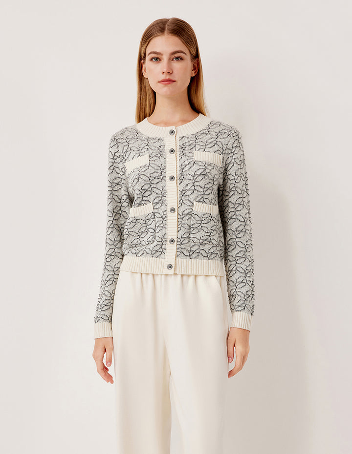 MARYLING Ribbed Round Neck Long Sleeve Printed Wool Knit Cardigan