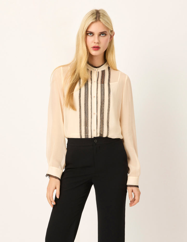 MARYLING Mandarin Collar Long-Sleeve Lace-Ruffle-Trim Silk Blouse