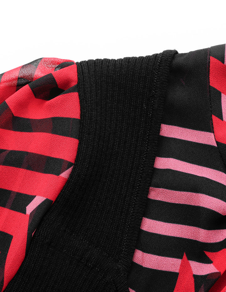 MARYLING Stripe-Printed Long Sleeve Patchwork Knitted Pleated Midi Dress