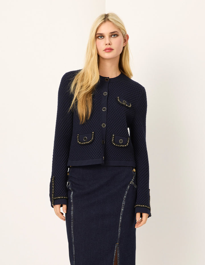 MARYLING Round-Neck Chain Mutil-Pocket Cropped Knit Cardigan