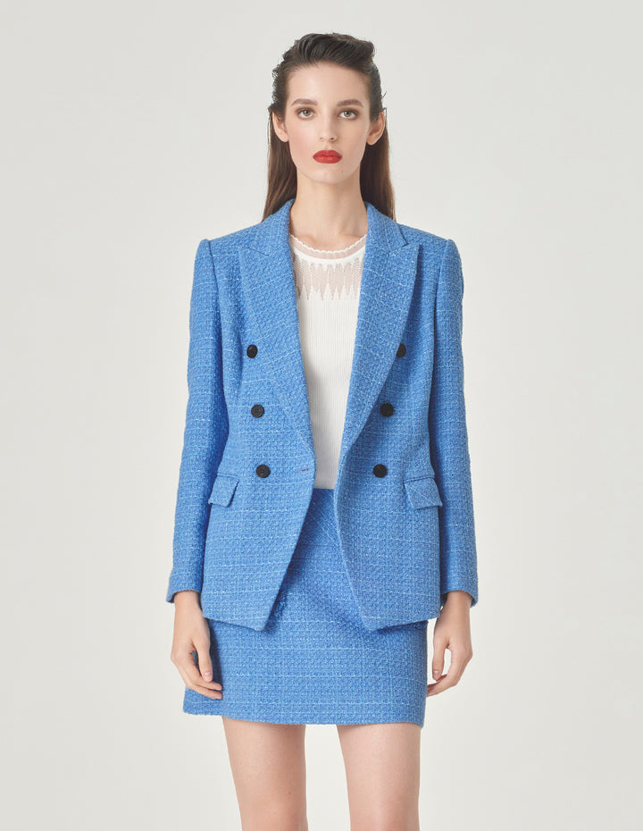 MARYLING Ice Blue Tweed Peaked Lapel Double-Breasted Blazer