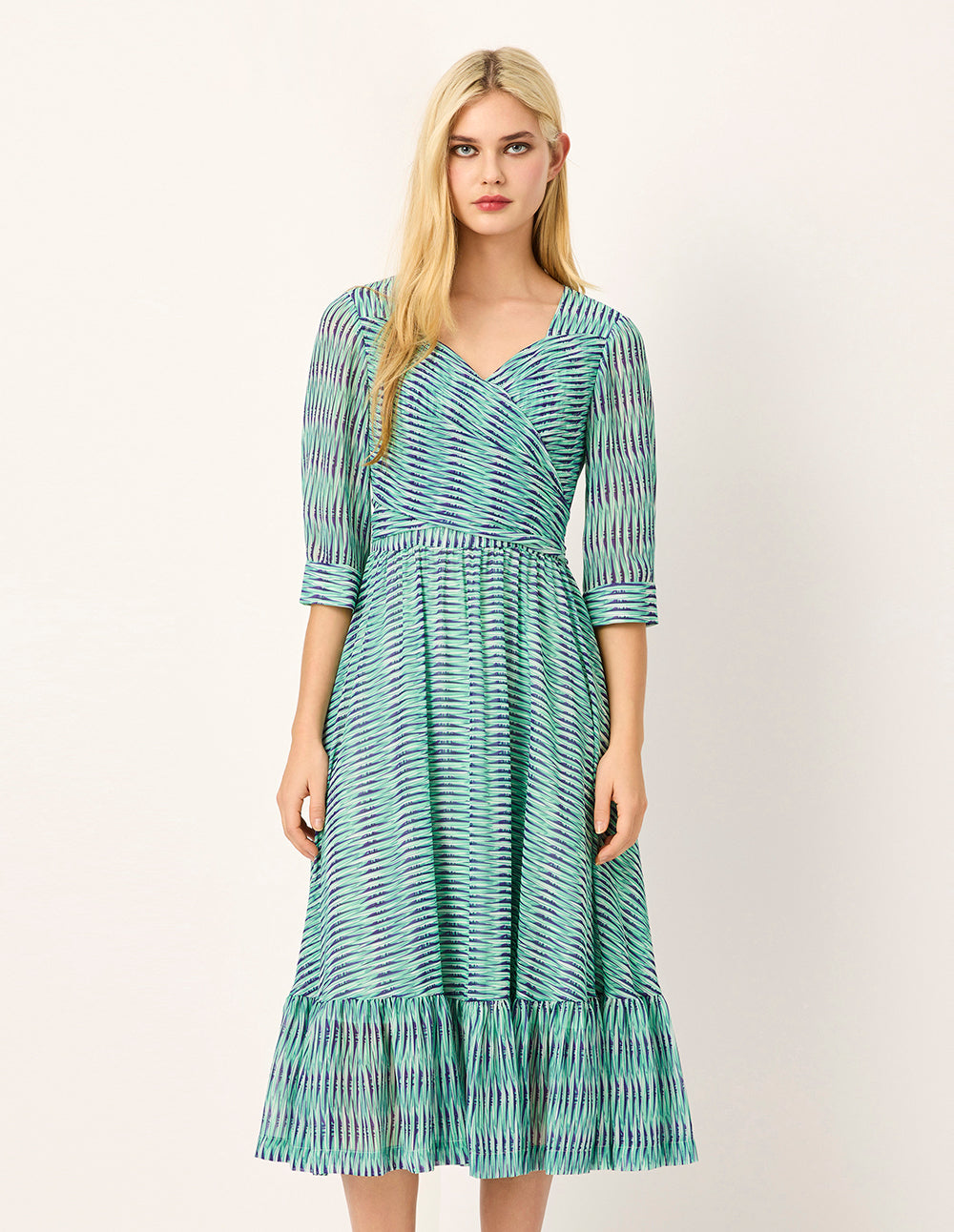 MARYLING Diamond Neck Cross Empire-Waist Striped-Print Flounce Midi Dress