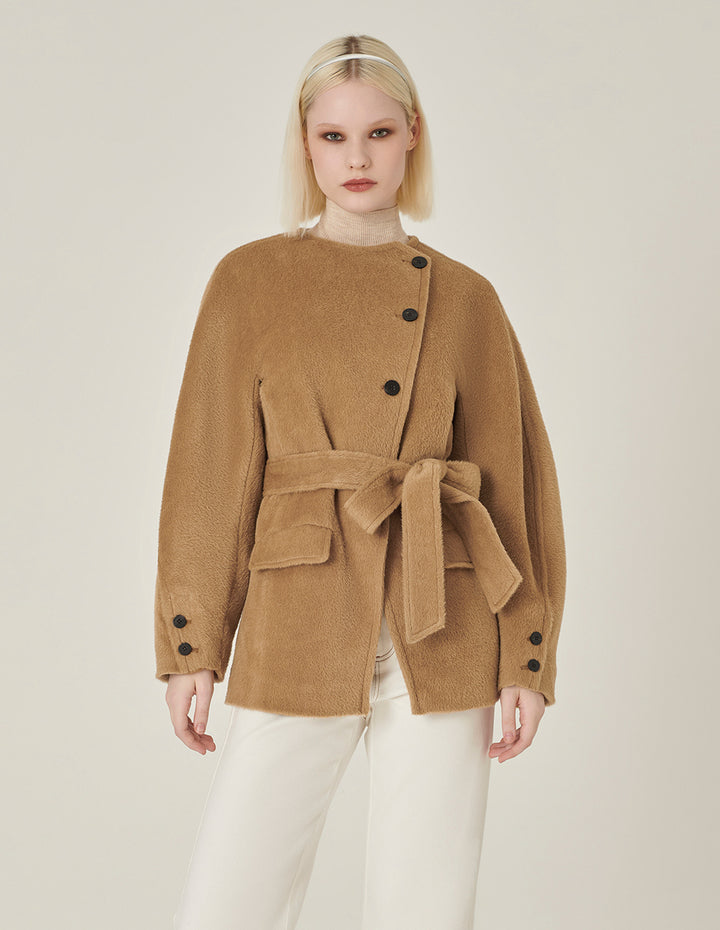 MARYLING Crew-Neck Single Oblique Breasted Belted Long-Sleeve Cashmere Coat