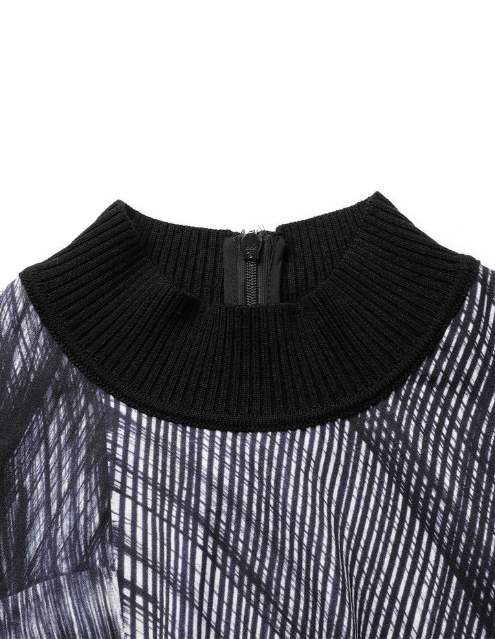 MARYLING Knitted Turtleneck Printed A-Line Pleated Midi Dress