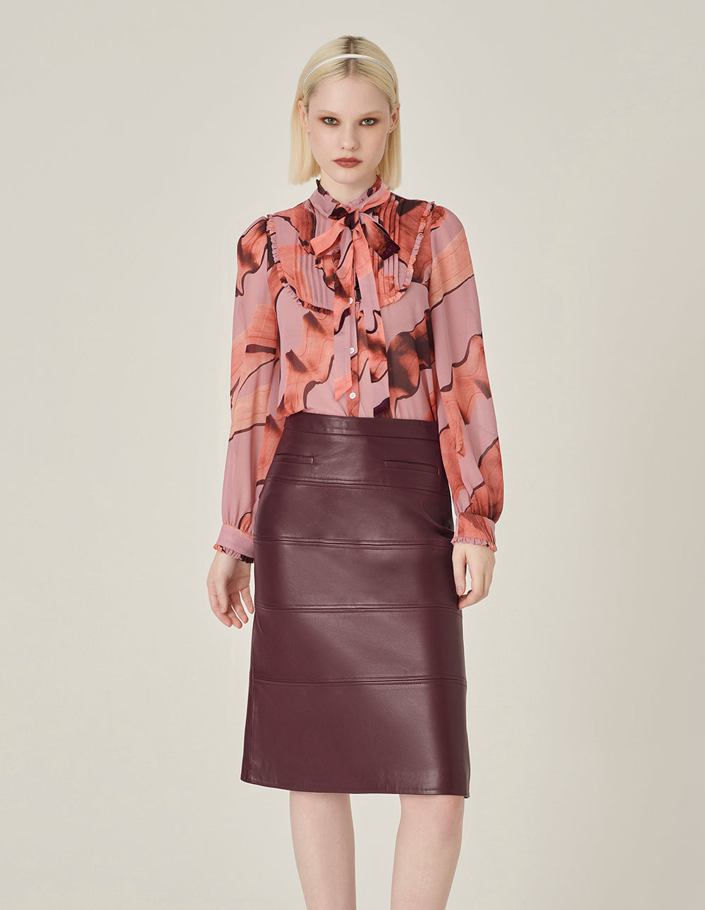 MARYLING Stand Collar Long-sleeve Printed Pink Blouse