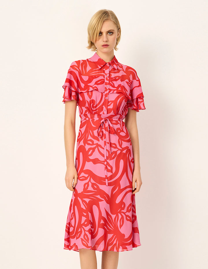 MARYLING Lapel Ruffle Short-Sleeve Floral Print Shirt Midi Dress