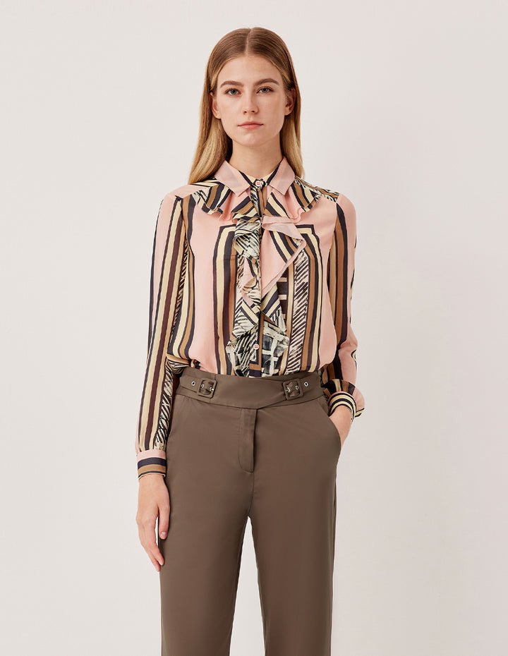 MARYLING Geometric Print Ruffle Detail Long Sleeve Blouse