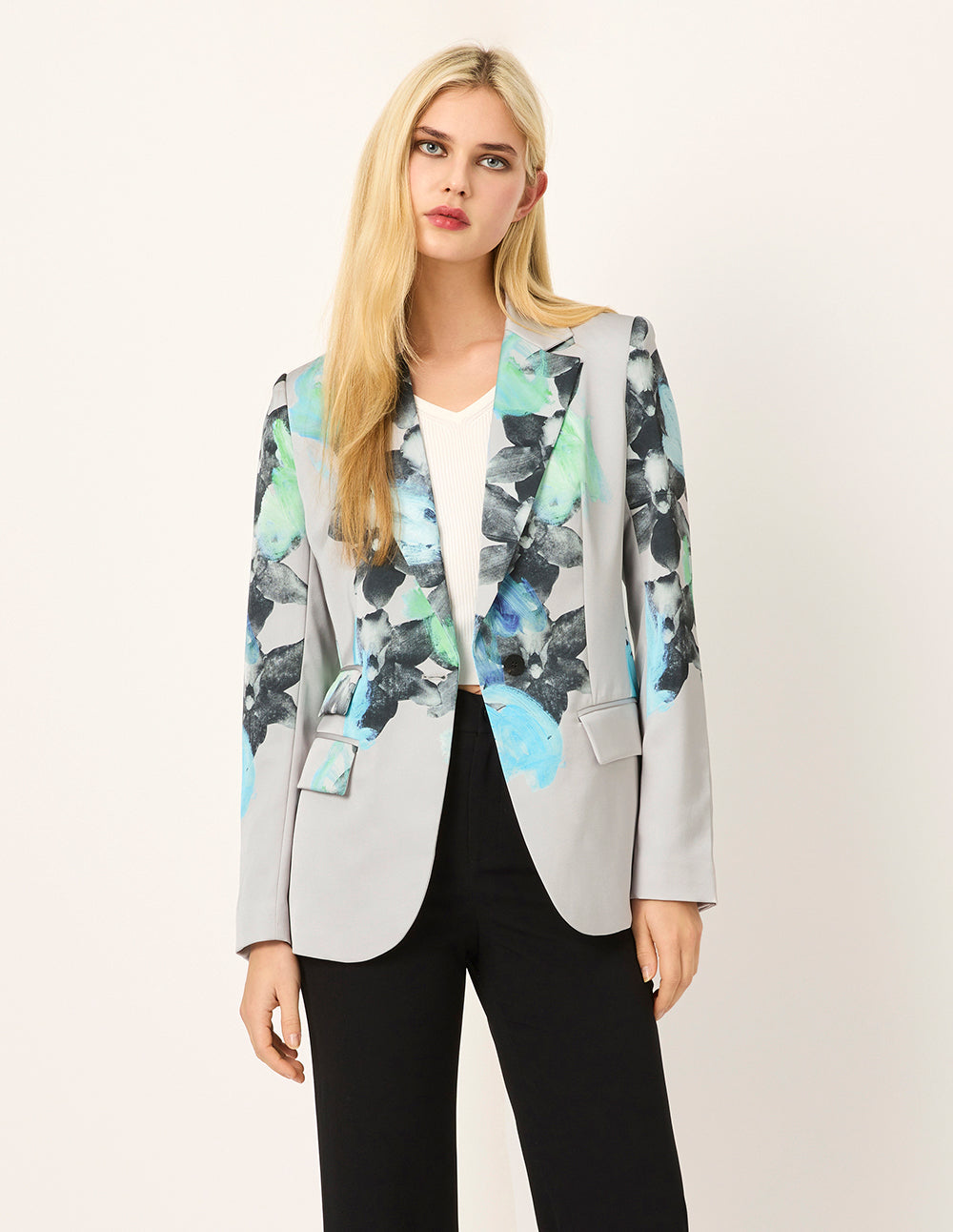MARYLING Peaked Lapel Oil Painting Print Single-Button Long-Sleeve Blazer