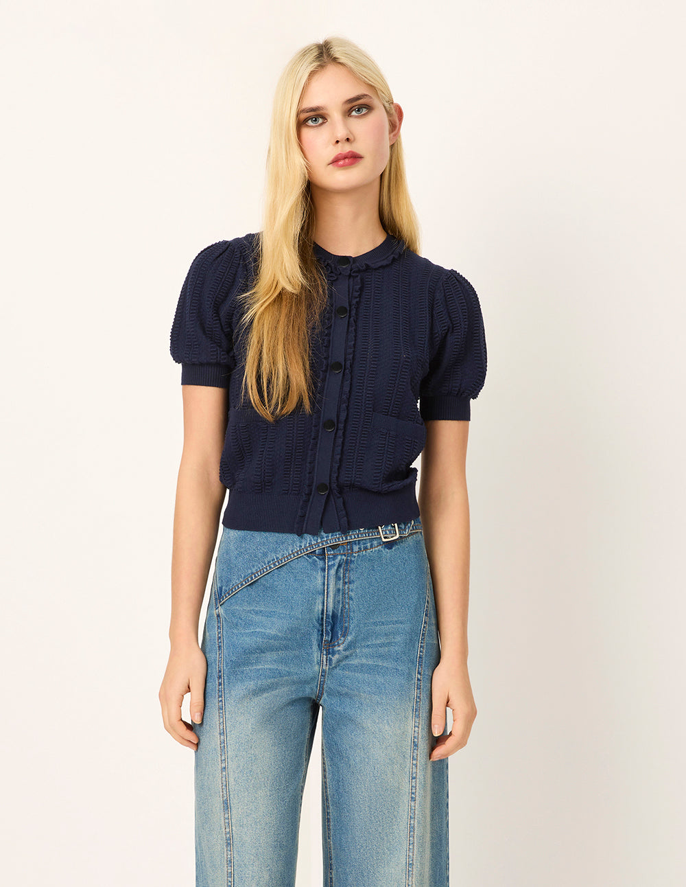 MARYLING Round-Neck Ruffle Short-Sleeve Textured Knit Cardigan