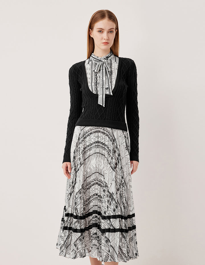 MARYLING Stand Collar Tie-Front Print Knit Midi Dress