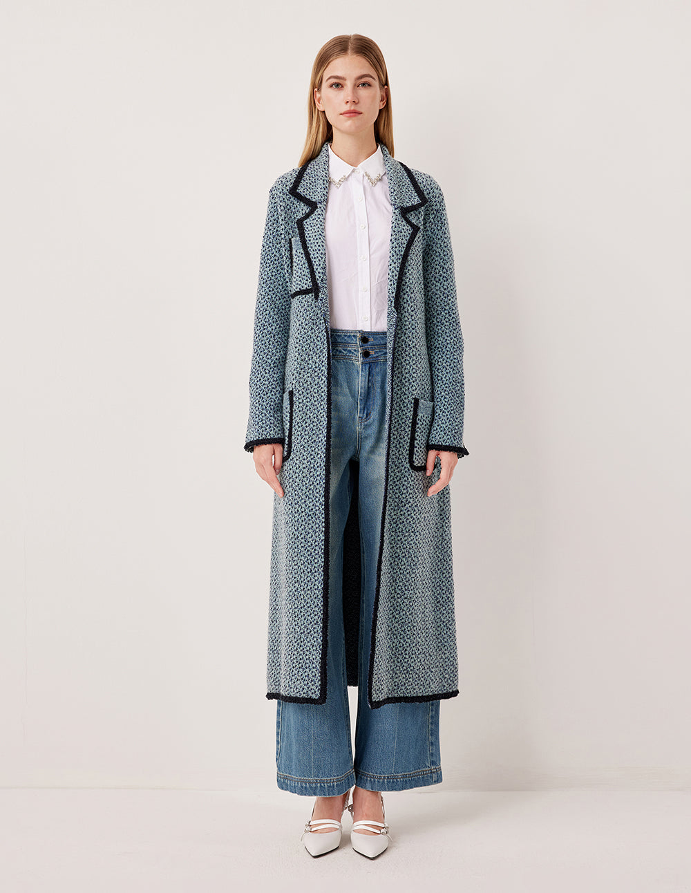 MARYLING Peaked Lapel Black Trim Wrap Long Knit Cardigan with Belt