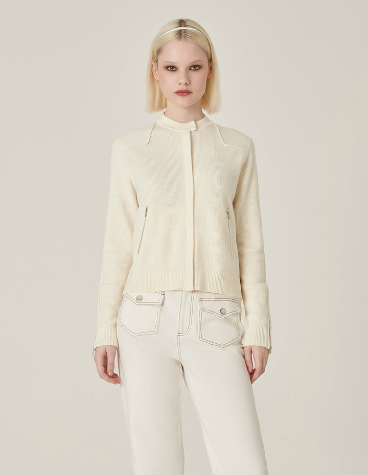 MARYLING White Round Neck Long-Sleeve Zipper Knit Cardigan