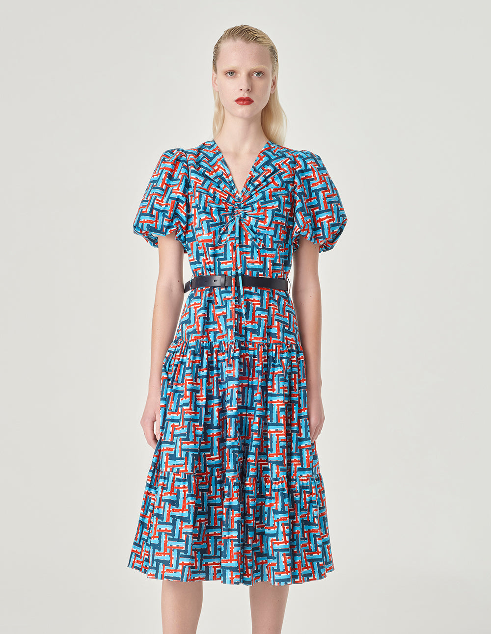 MARYLING Plaid V-Neck Puff Short Sleeve A-Hem Dress