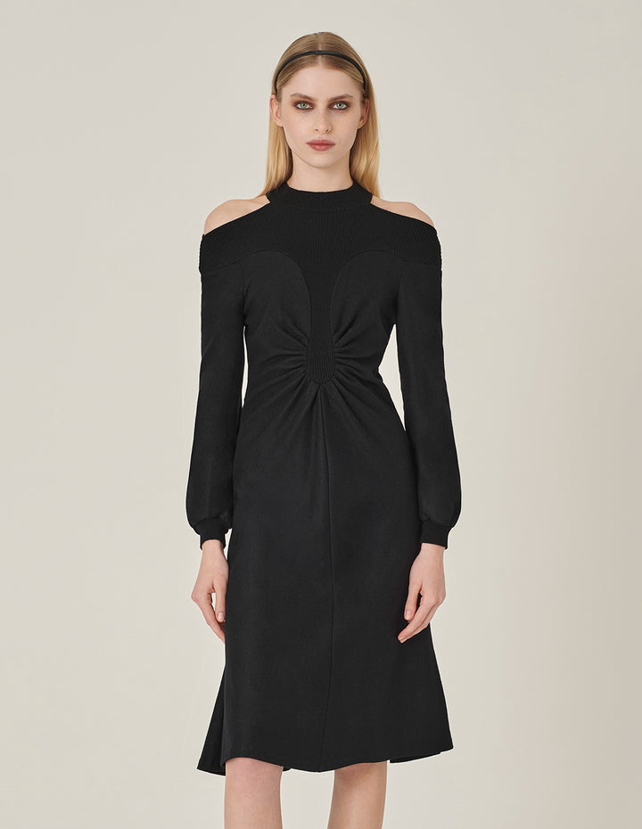 MARYLING Off-Shoulder Long Sleeve Patchwork Knit Wool Pleated Midi Dress