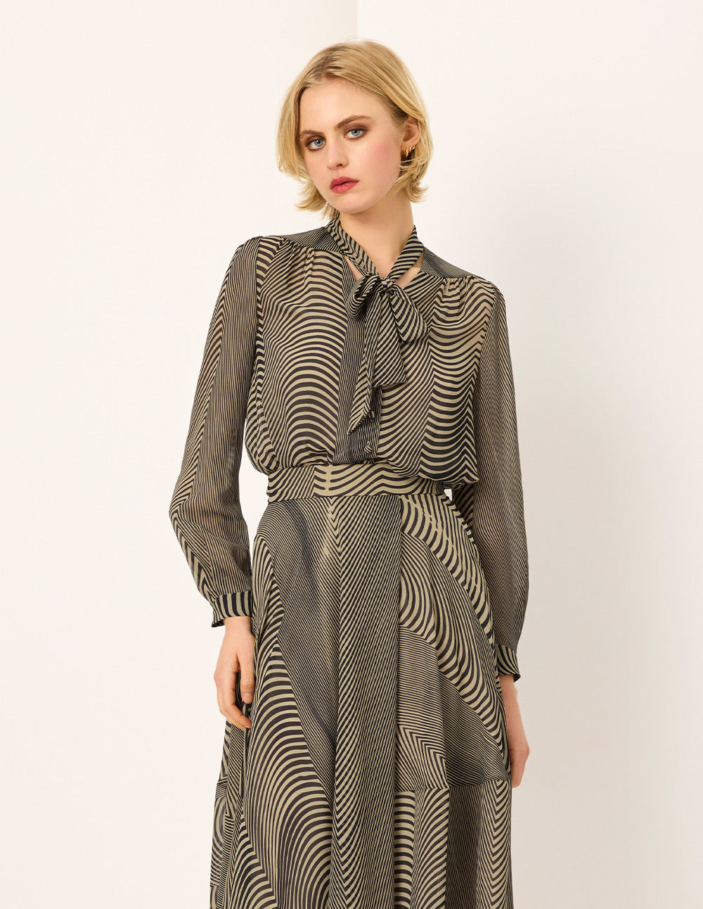 MARYLING Black Striped Collared Tie-Front Blouse