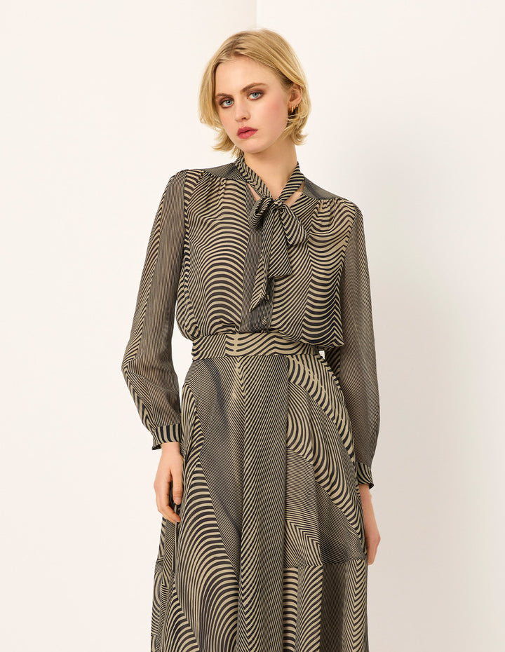 MARYLING Black Striped Collared Tie-Front Blouse