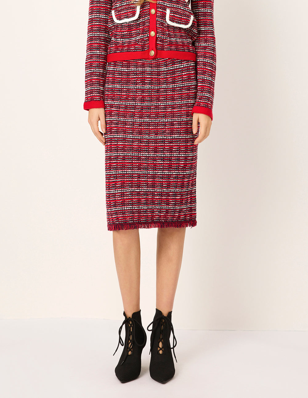 MARYLING Red & White Checkered Tweed Knee-Length Knit Straight Skirt