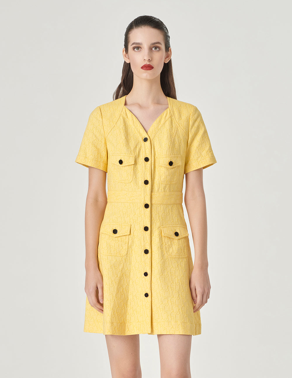 MARYLING V-Neck Short-Sleeve Letter-Logo Jacquard Dress