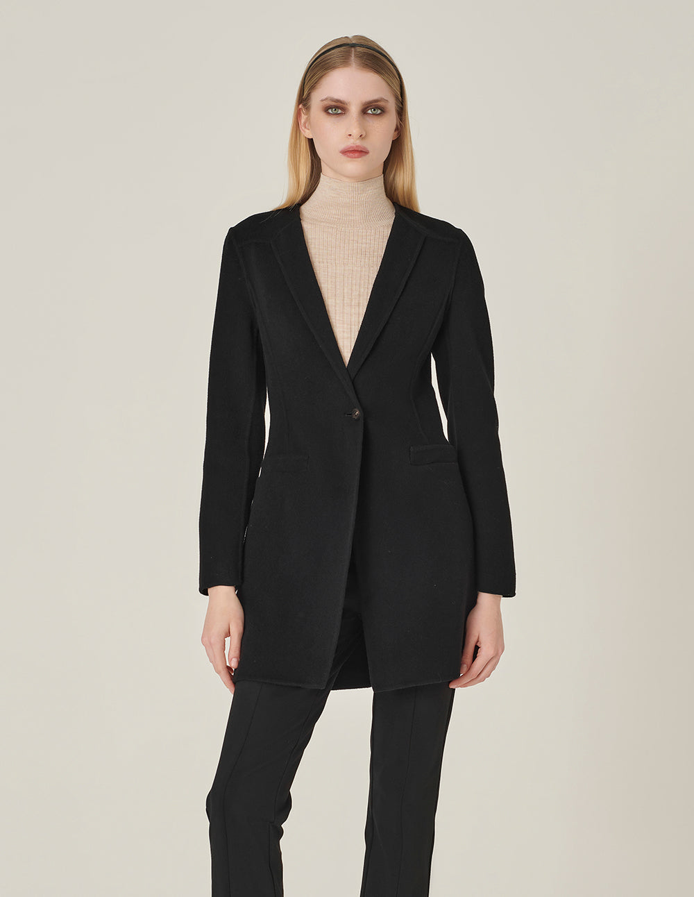 MARYLING Black V-Neck Single-Breasted Silk-Wool Coat