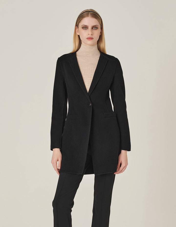 MARYLING Black V-Neck Single-Breasted Silk-Wool Coat