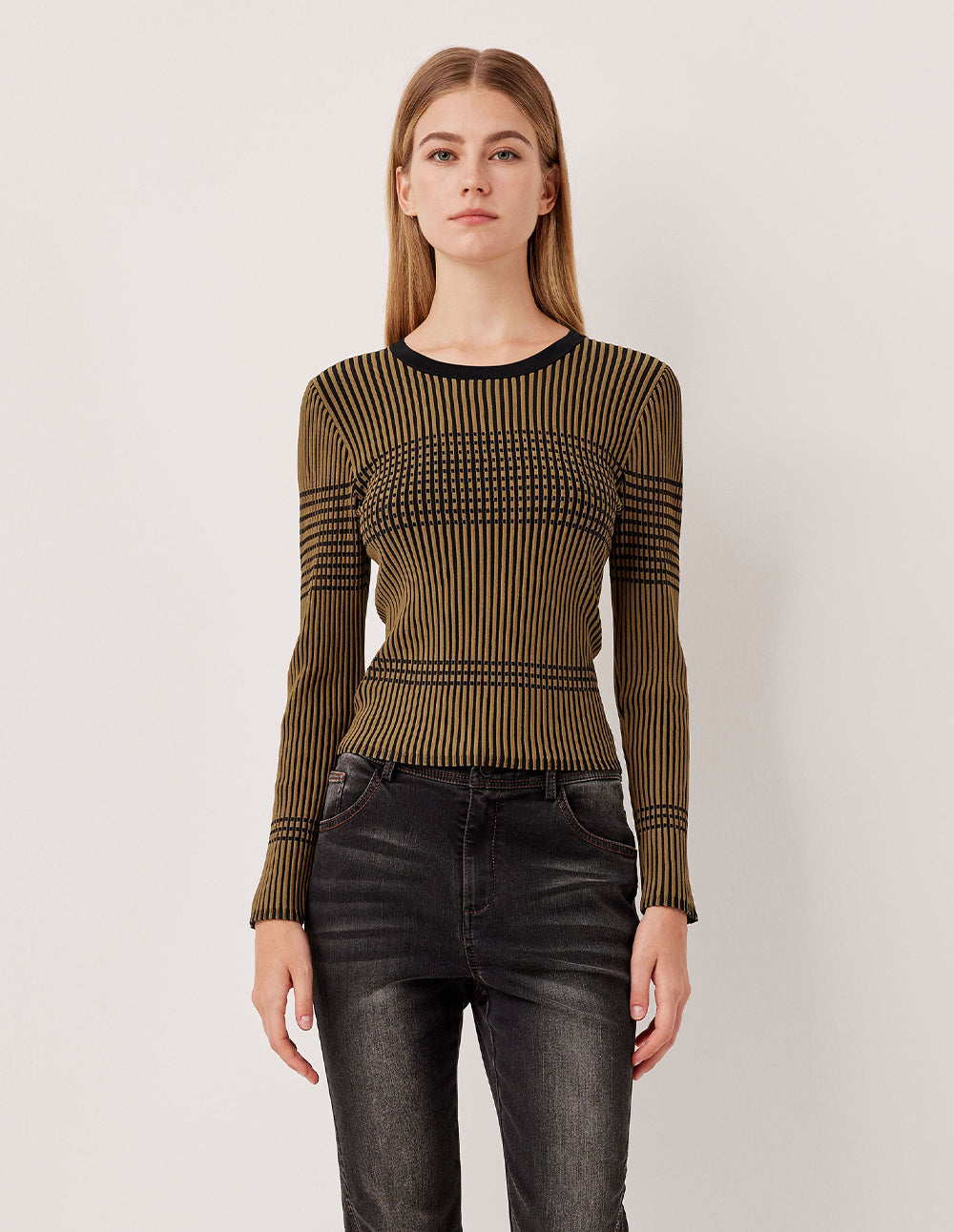 MARYLING Slim Fit Round Neck Black Stripe Long Sleeve Knit Pullover
